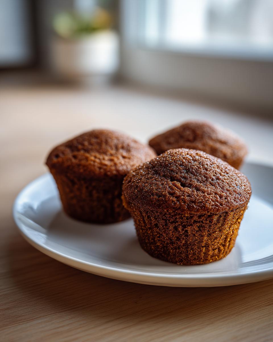 Three freshly baked, dark brown sweet potato muffins with a sugary top, resting on a white plate.