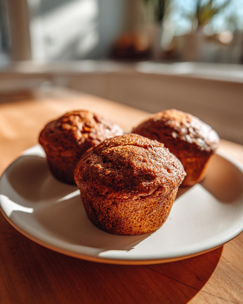 Three freshly baked, golden-brown sweet potato muffins resting on a light-colored plate in warm sunlight.