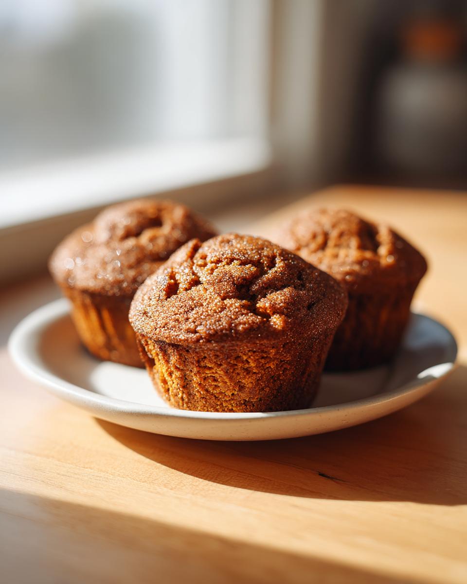 Three freshly baked, dark brown sweet potato muffins resting on a small white plate near a sunlit window.