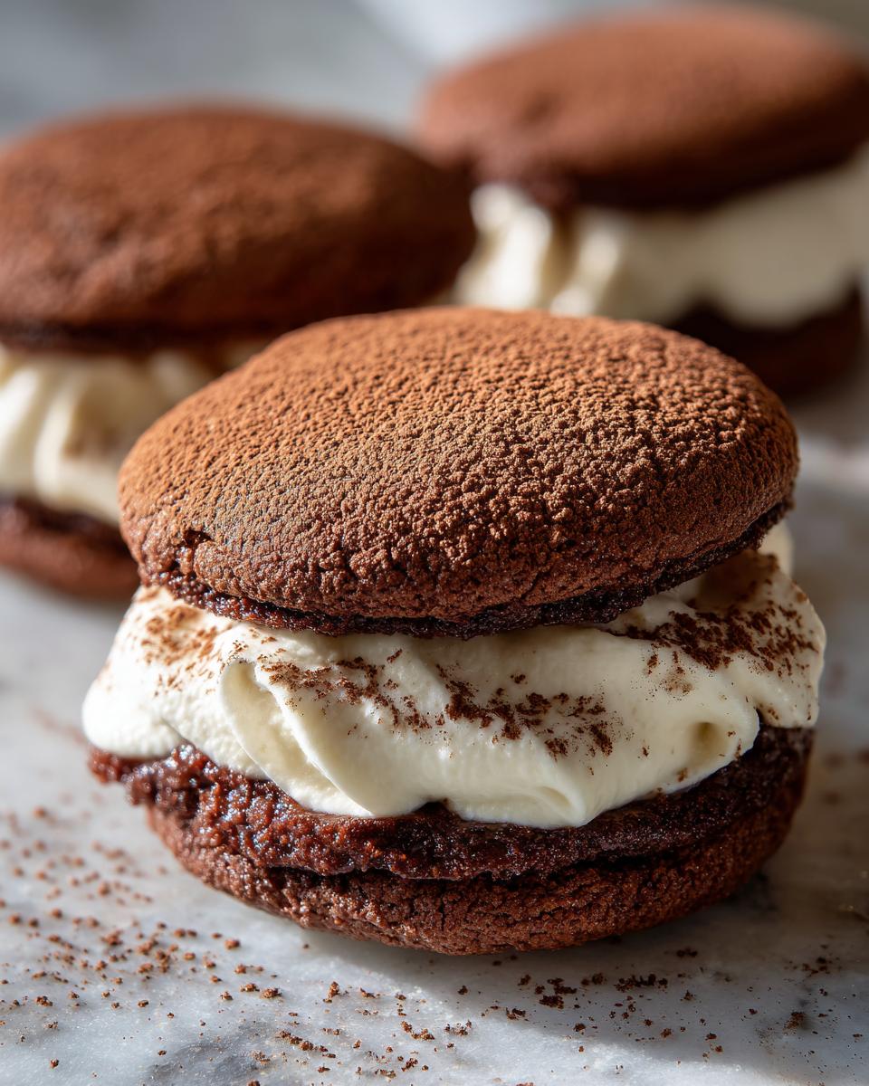 A close-up of a decadent tiramisu cookie sandwich filled with white cream and dusted with cocoa powder.
