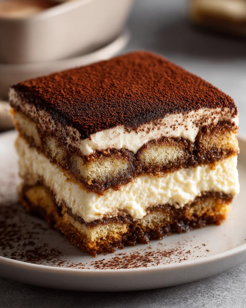 Close-up of a square slice of classic tiramisu recipe, layered with cream and coffee-soaked ladyfingers, dusted with cocoa.