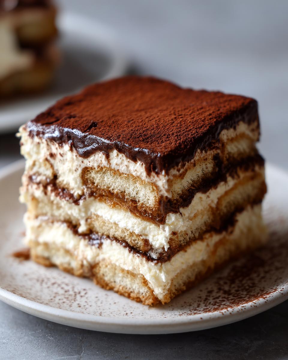 Close-up of a layered slice of tiramisu recipe dessert dusted heavily with cocoa powder.