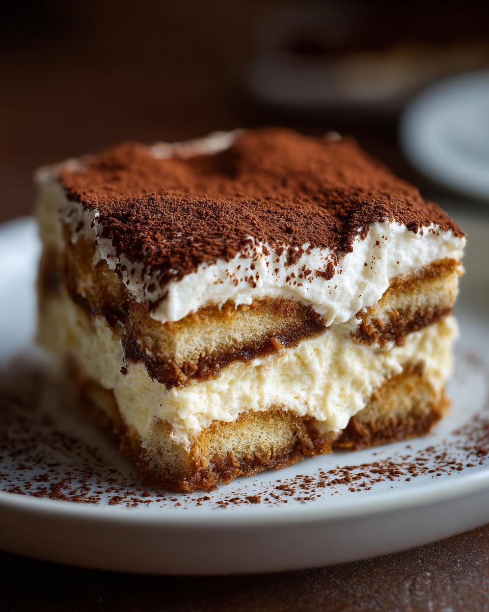 A close-up of a single, layered slice of tiramisu recipe dessert dusted heavily with cocoa powder.