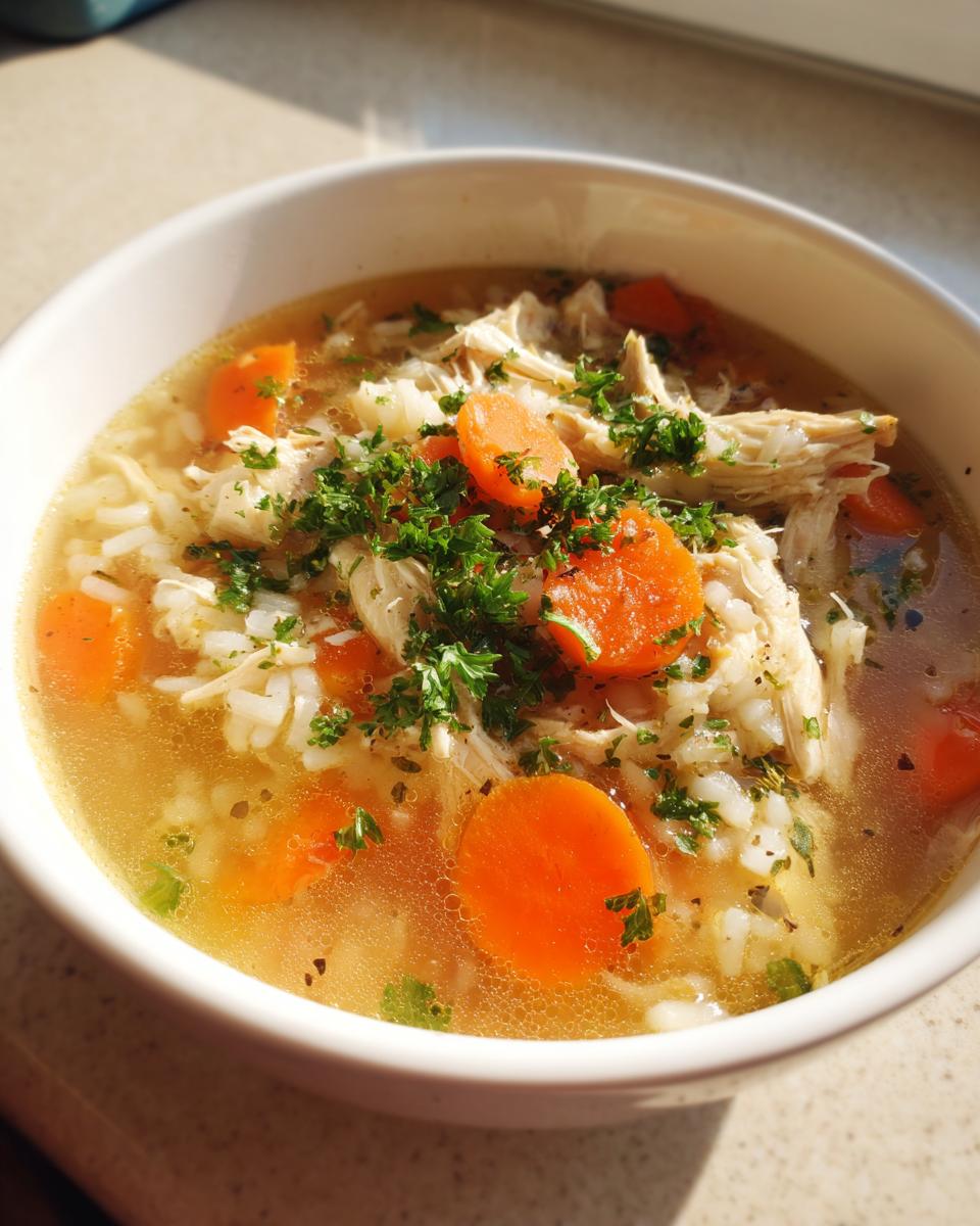 Close-up of a warm bowl of turkey soup featuring shredded turkey, rice, sliced carrots, and fresh parsley.