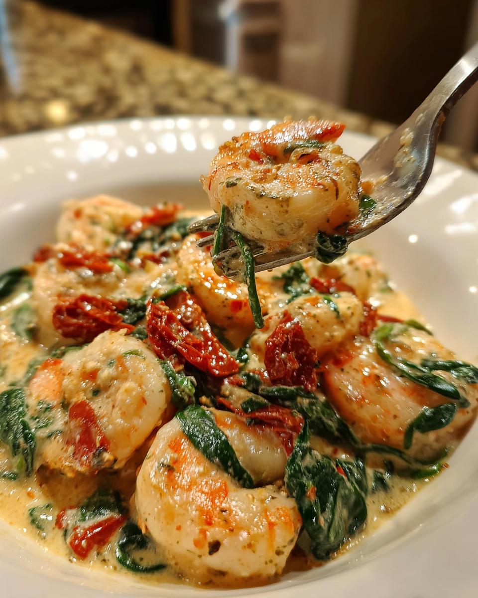 A fork lifts a seasoned shrimp from a bowl of creamy Tuscan shrimp with sun-dried tomatoes and spinach.