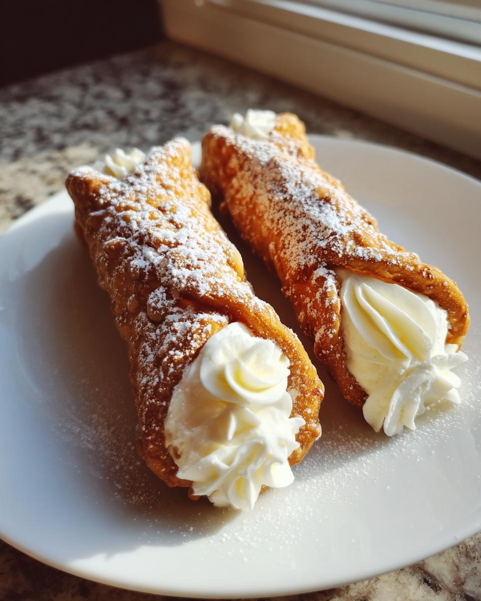 Two freshly made cannoli, filled with cream and dusted with powdered sugar, sitting on a white plate.