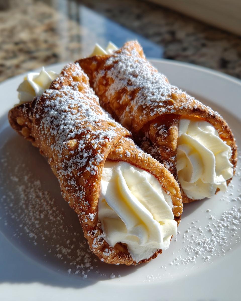 Two perfectly crisp cannoli shells filled with creamy ricotta filling and dusted with powdered sugar, ready to eat.