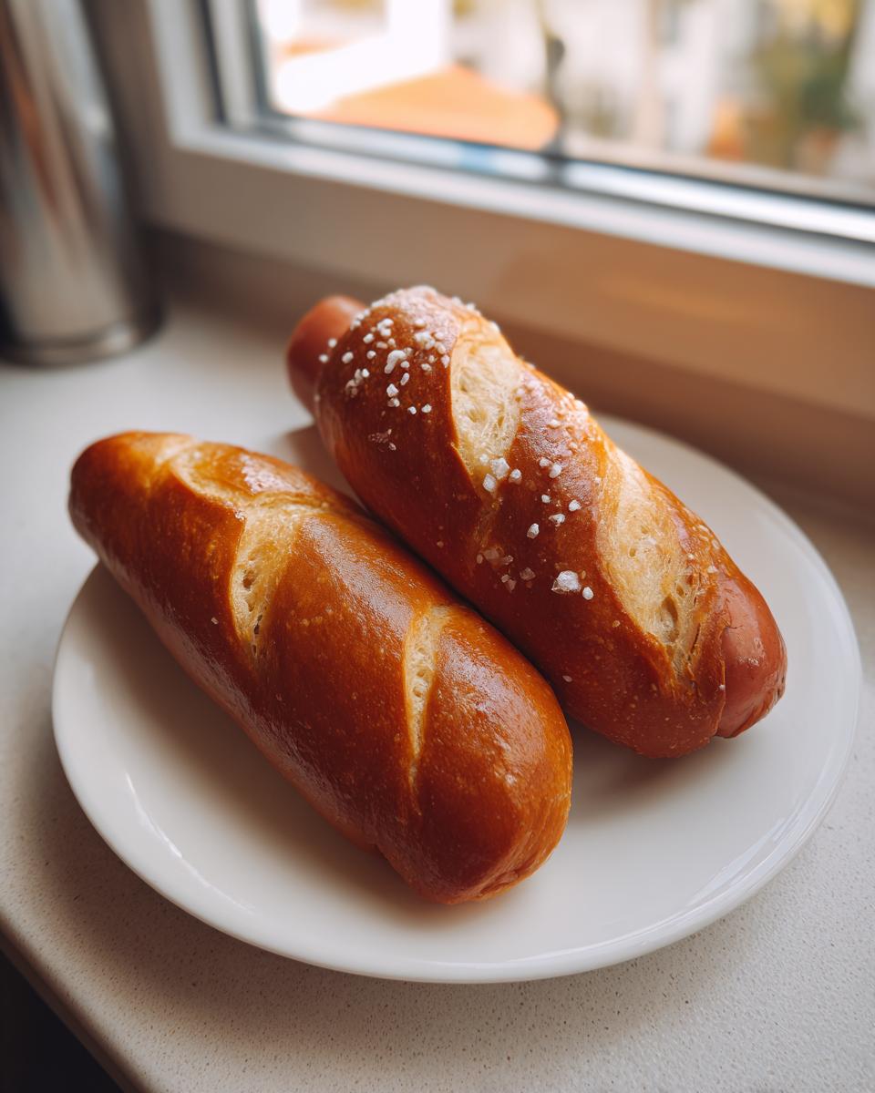 Two freshly baked pretzel dogs with coarse salt resting on a white plate near a window.