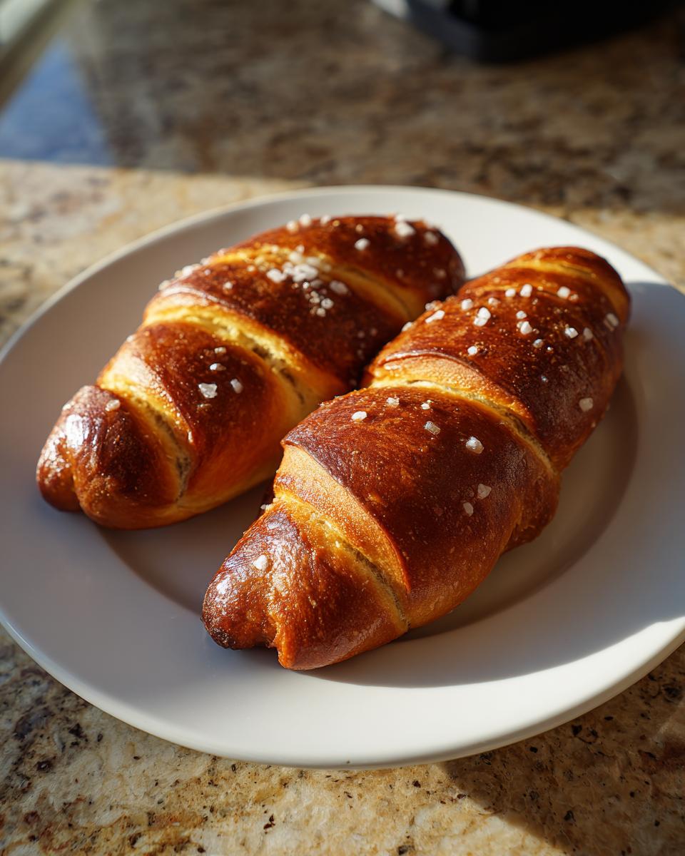 Two freshly baked pretzel dogs, shiny and topped with coarse salt, resting on a white plate.