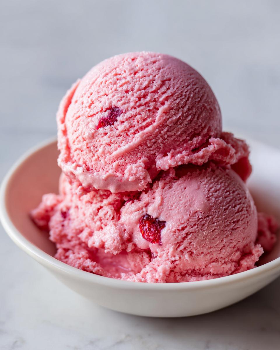 Close-up of two scoops of bright pink strawberry ice cream with visible berry pieces in a white bowl.