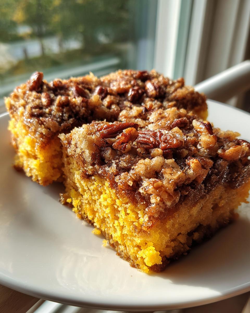 Close-up of two squares of moist, yellow pumpkin crunch cake topped with a pecan streusel.
