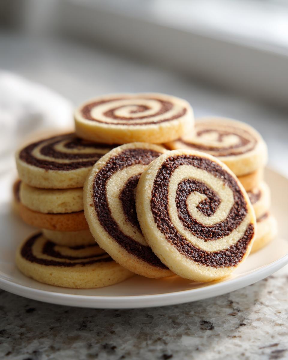 A close-up stack of delicious two-tone pinwheel cookies featuring vanilla and chocolate swirls on a white plate.