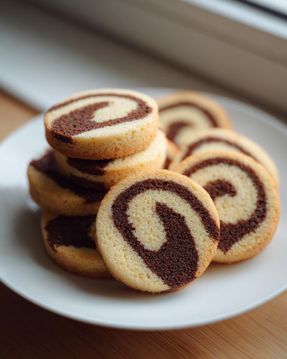 Close-up of several homemade two-tone pinwheel cookies stacked on a white plate, featuring a vanilla and chocolate swirl pattern.