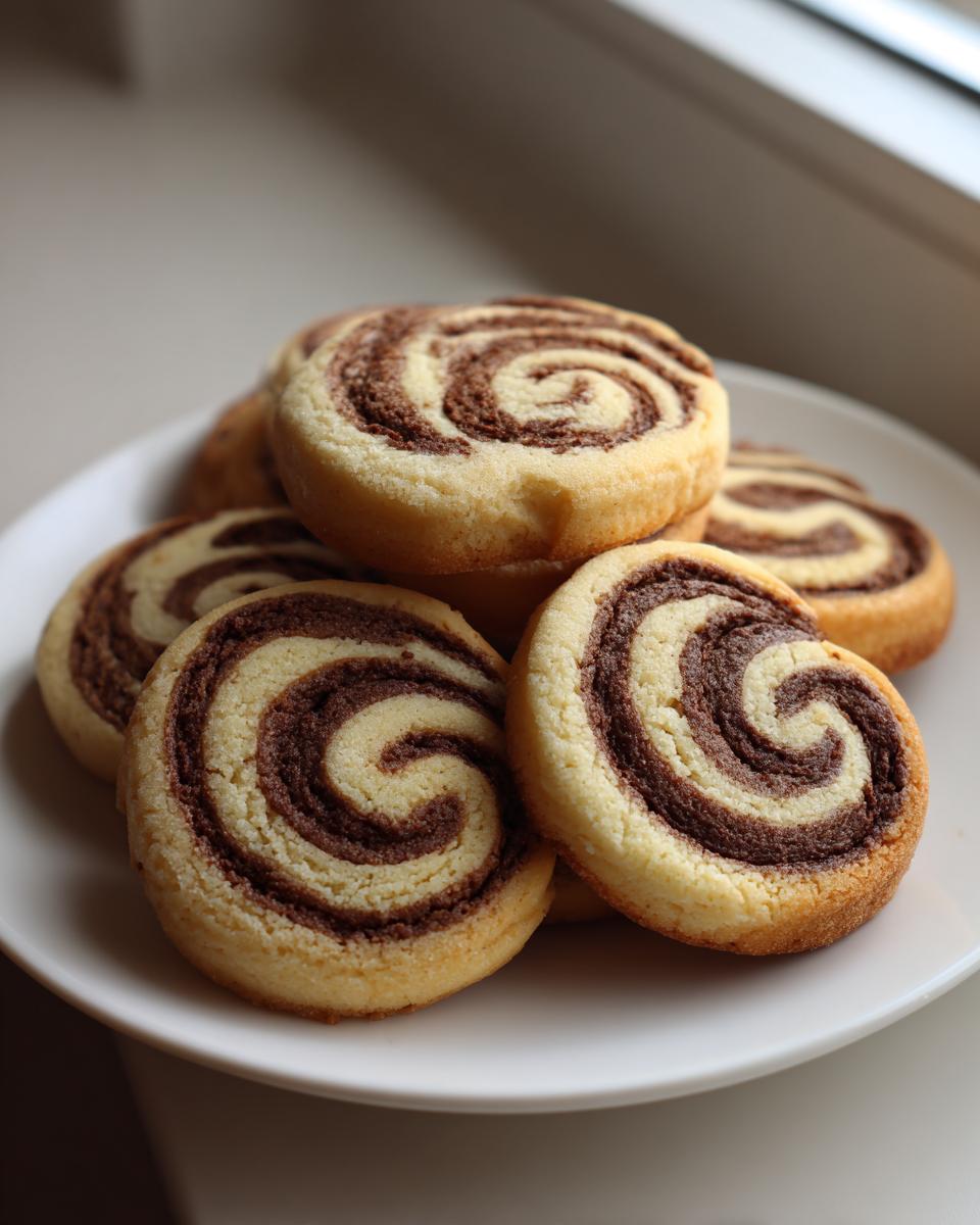 A stack of freshly baked, two-tone pinwheel cookies showing distinct vanilla and chocolate swirls on a white plate.