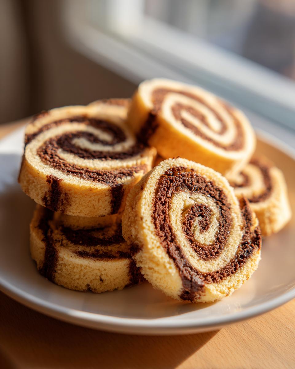 A stack of sliced, two-tone pinwheel cookies showing a beautiful vanilla and chocolate swirl pattern.