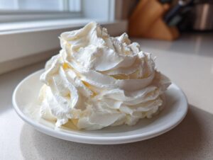 A generous swirl of bright white, fluffy vanilla buttercream frosting served on a small white plate.