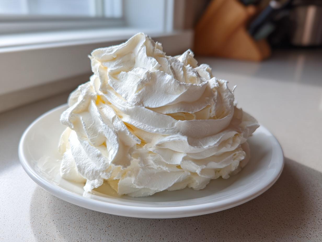 A generous swirl of bright white, fluffy vanilla buttercream frosting served on a small white plate.