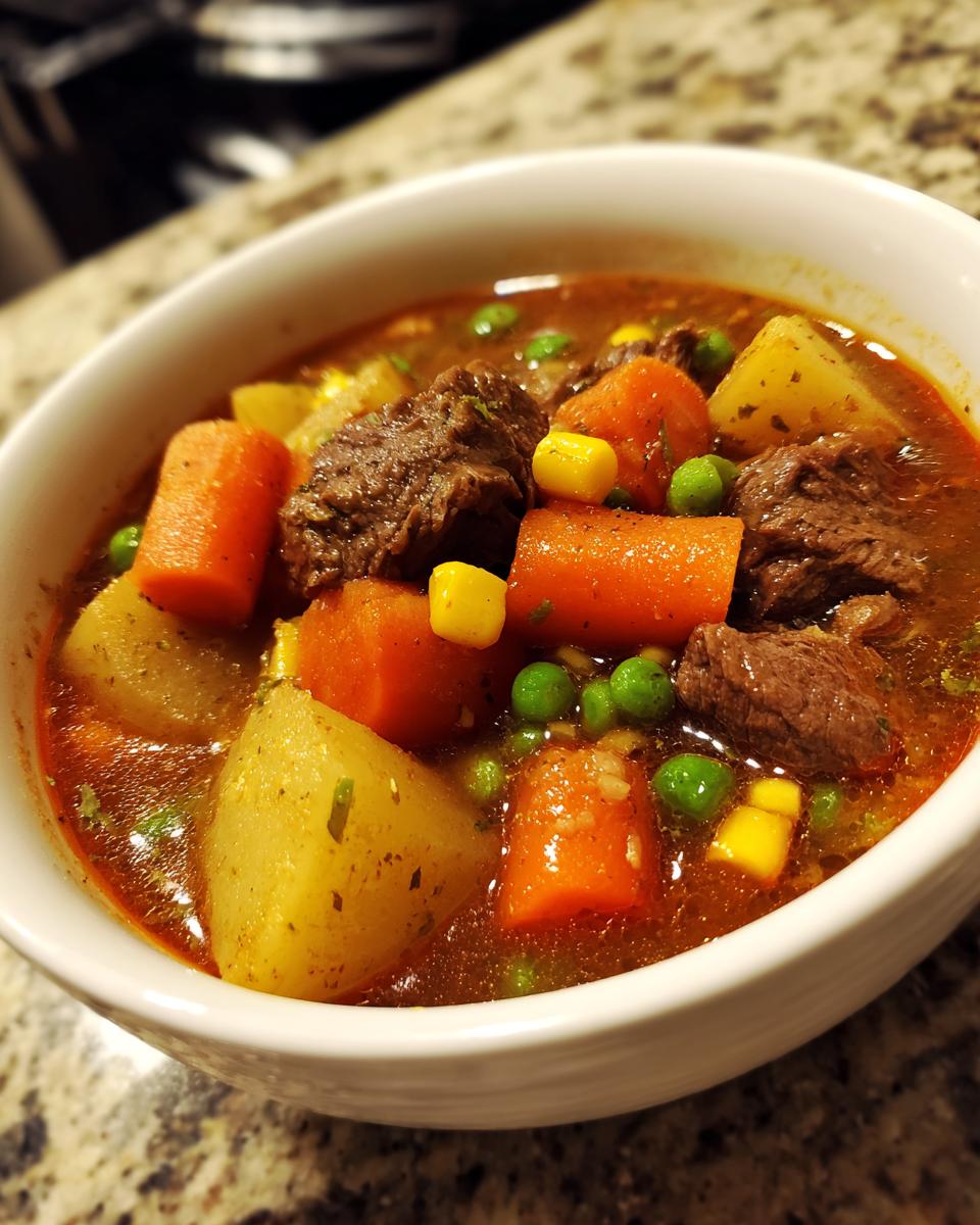 Close-up of a white bowl filled with rich vegetable beef soup featuring chunks of beef, carrots, potatoes, peas, and corn.