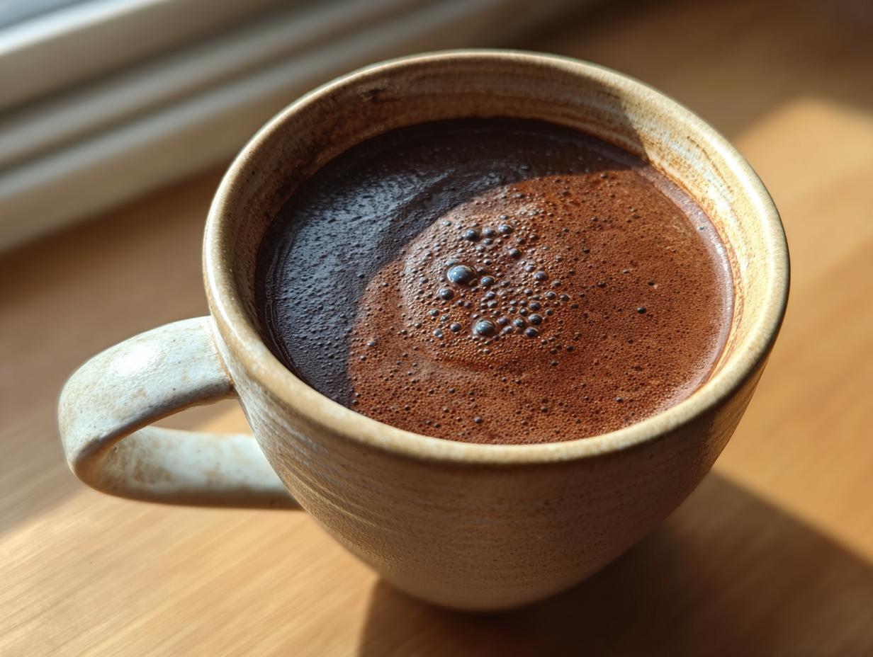 Close-up of a rich, dark french hot chocolate with a slight foam topping in a rustic ceramic mug.