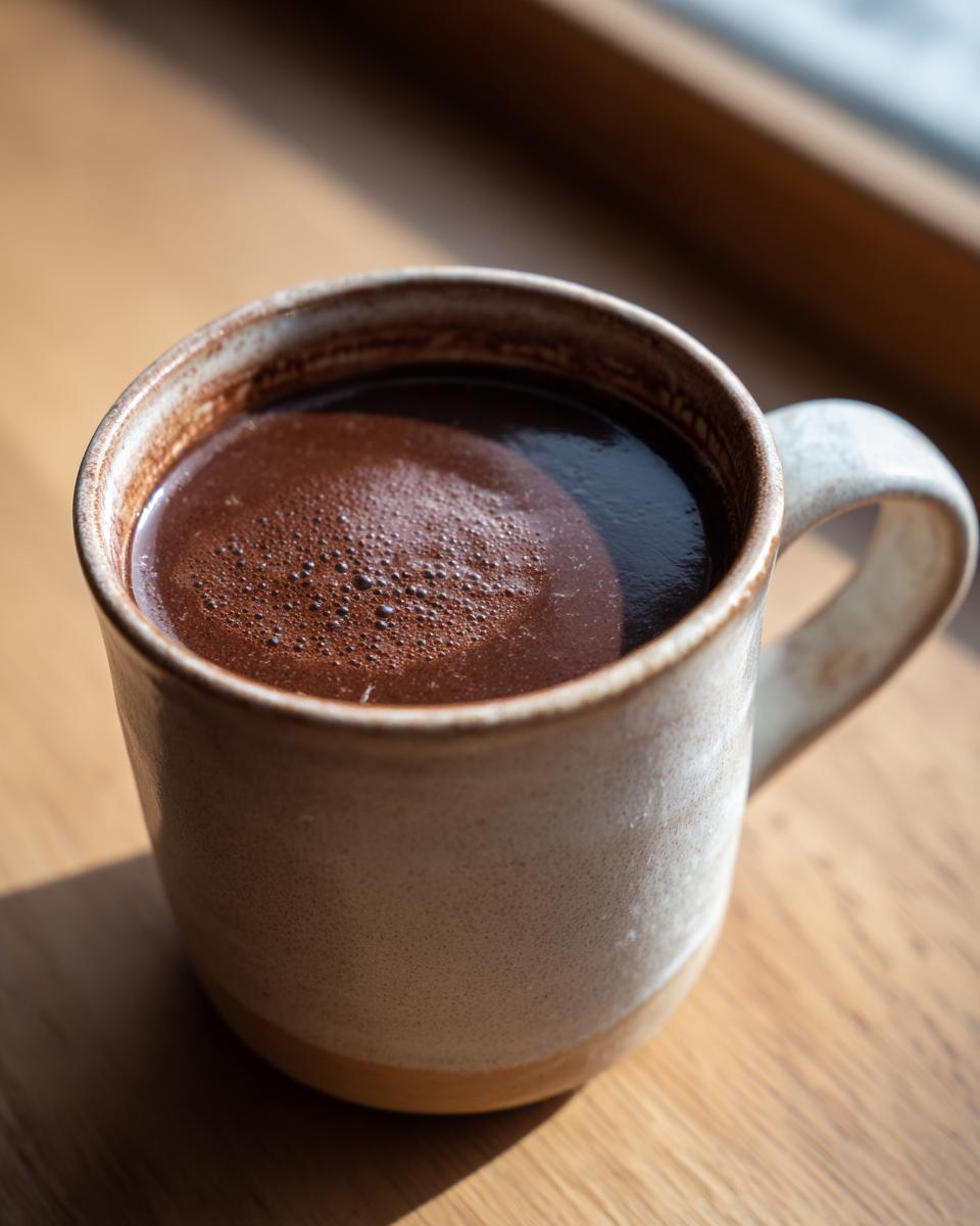 Close-up of a mug filled with rich, dark french hot chocolate, showing a slight foam layer.