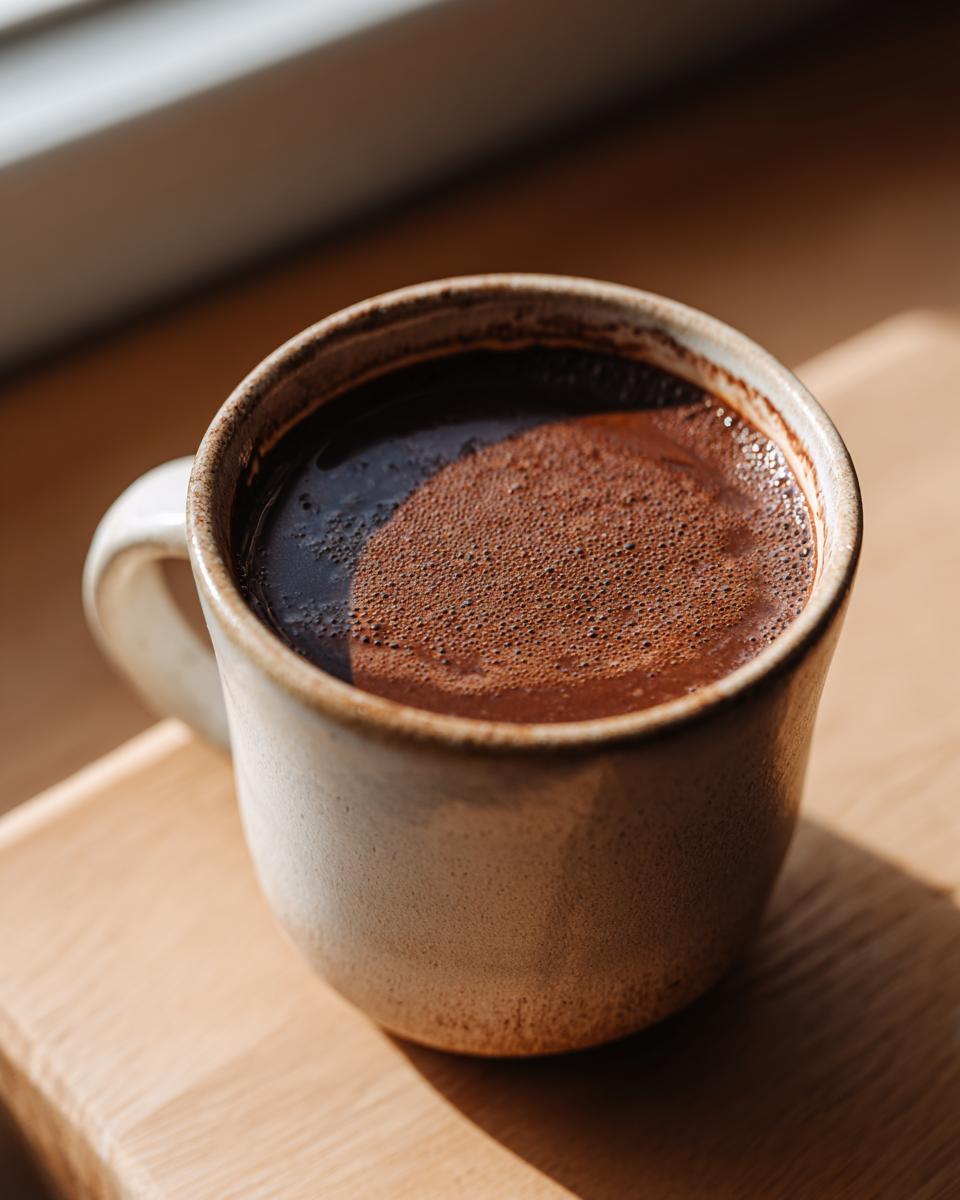 Close-up of rich, dark french hot chocolate with a slight foam layer in a beige, rustic mug.