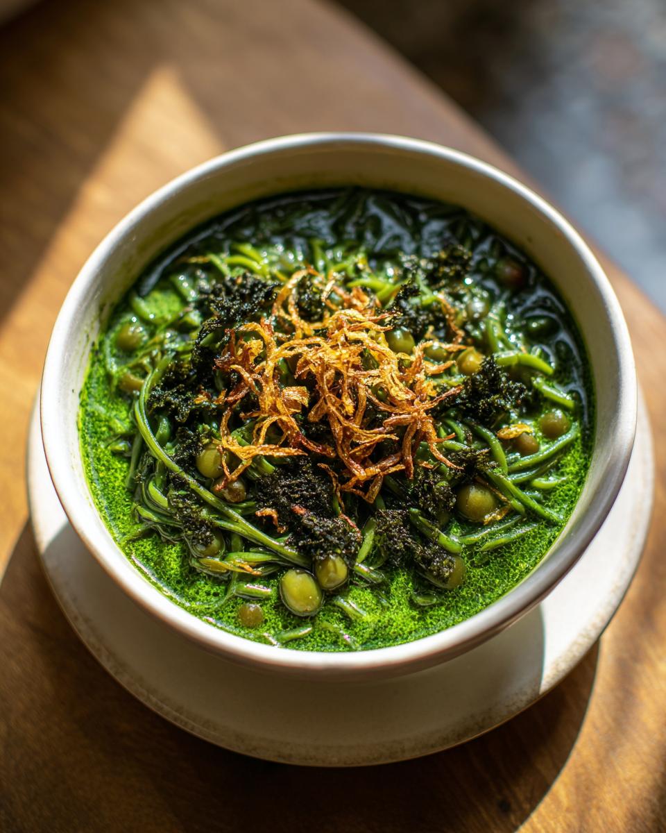 Close-up of a bowl of vibrant green Persian noodle soup topped with fried onions and dark herbs.