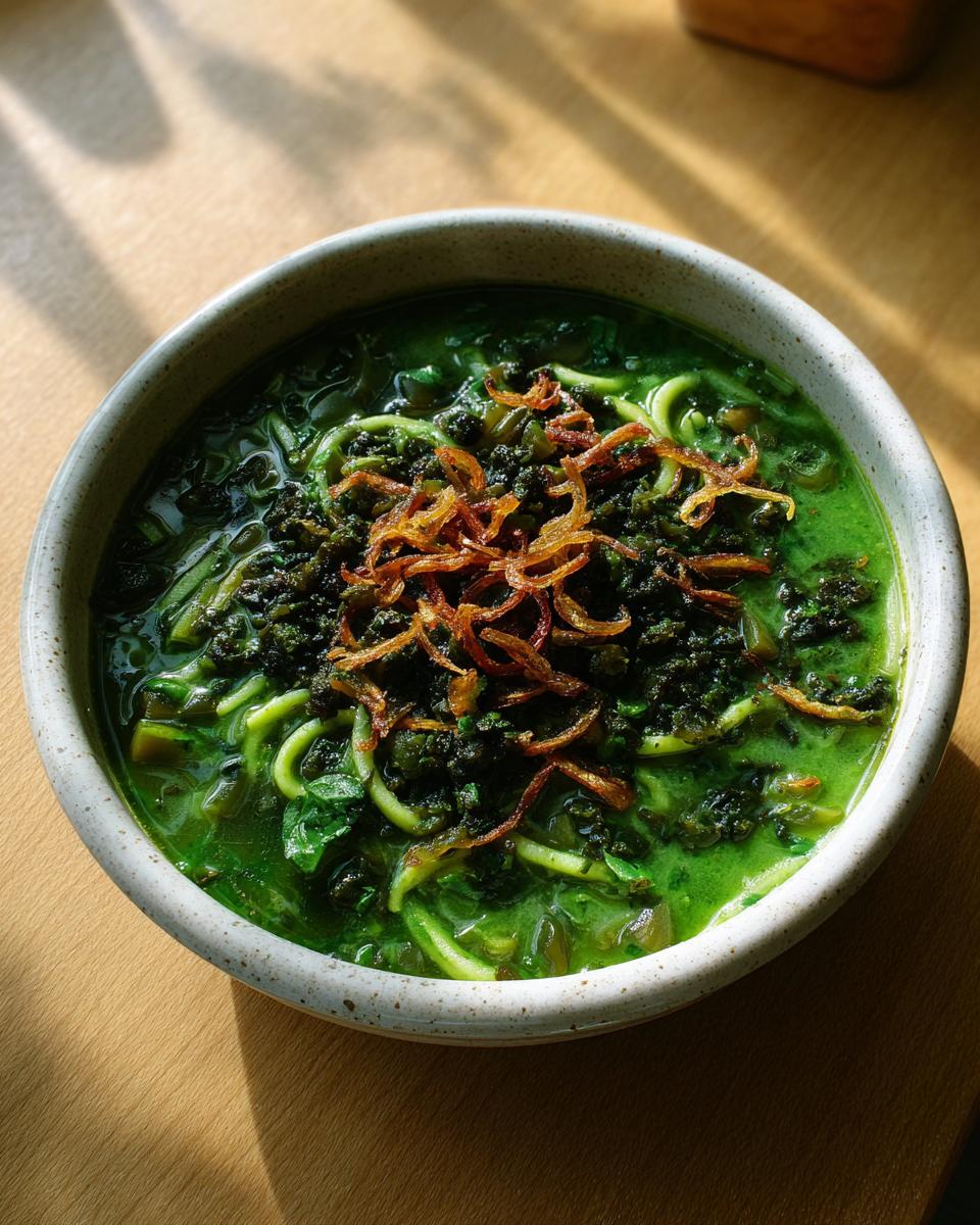 A close-up of a bowl of vibrant green Persian noodle soup, topped with dark herbs and crispy fried onions.