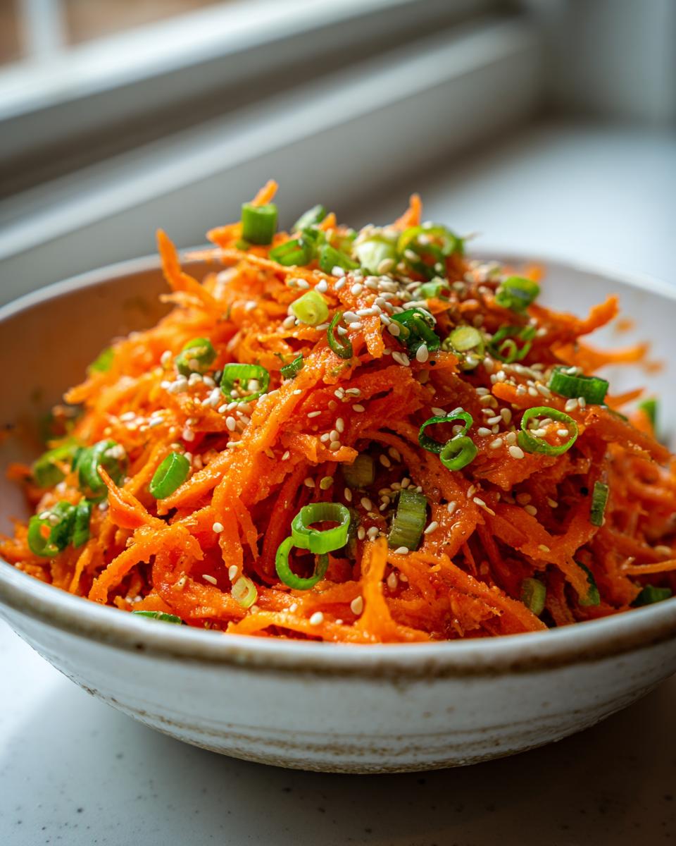 Close-up of a vibrant raw carrot salad, shredded and topped with green onions and sesame seeds.