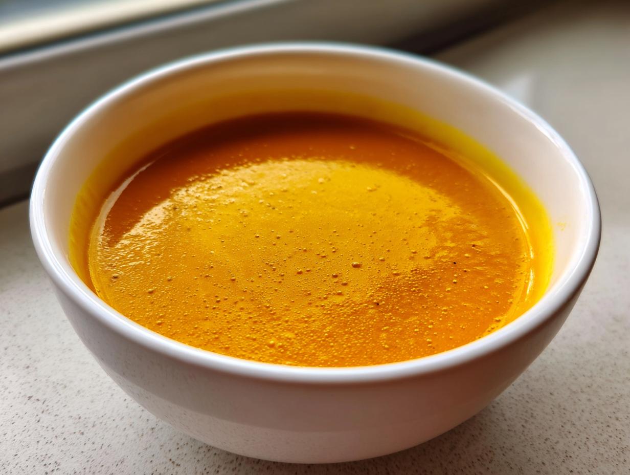Close-up of a creamy, bright orange squash soup served in a white bowl.