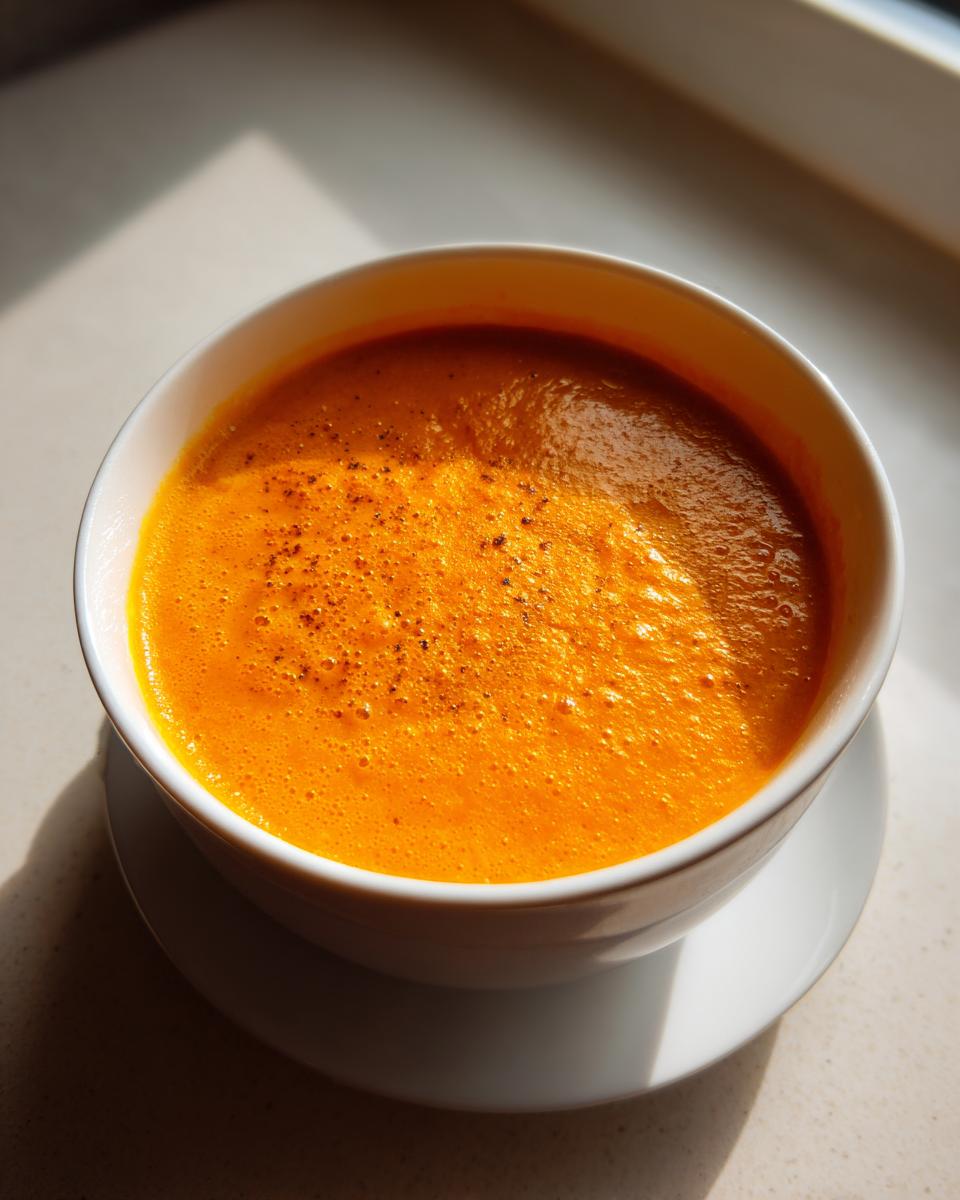 A close-up of a bowl of bright orange squash soup, lightly seasoned with pepper.