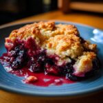 A close-up, tempting shot of a serving of warm mixed berry cobbler with a golden, crumbly topping and juicy berry filling.