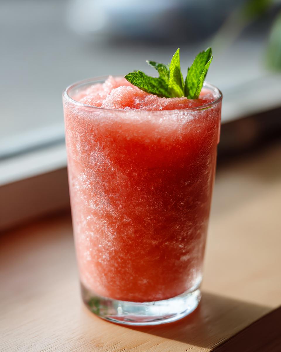 Close-up of a tall glass filled with a bright red, icy watermelon smoothie, garnished with fresh mint leaves.