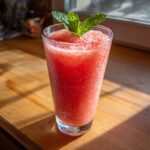 A tall glass filled with a bright red, icy watermelon smoothie, topped with fresh mint leaves.