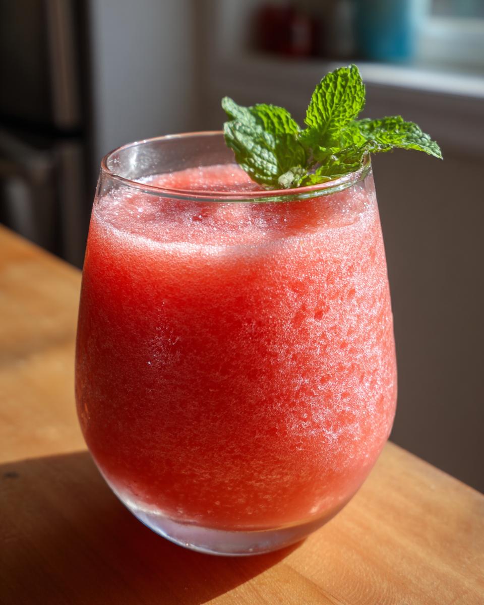 A vibrant, frosty watermelon smoothie in a clear glass, garnished with fresh mint leaves.