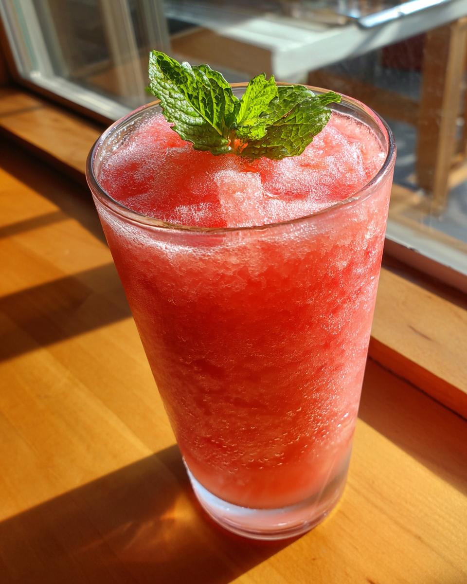 A tall glass filled with a bright red, icy watermelon smoothie, topped with fresh mint leaves.
