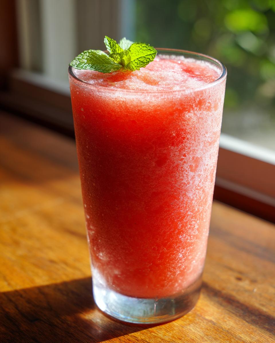 Close-up of a tall glass filled with a bright red, icy watermelon smoothie, topped with fresh mint leaves.
