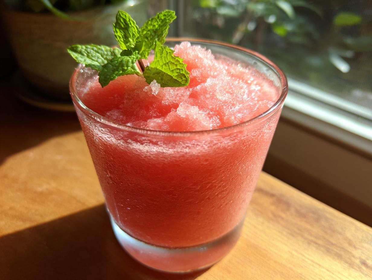 A frosty glass filled with a bright pink watermelon smoothie, topped with fresh mint leaves.