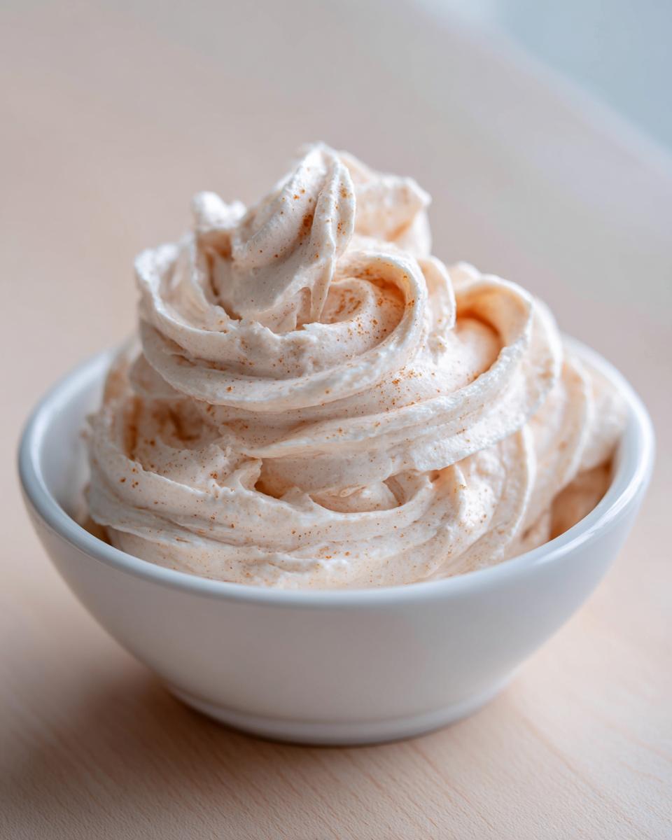 A swirl of light orange, fluffy cinnamon butter topped with visible cinnamon spice specks in a white bowl.