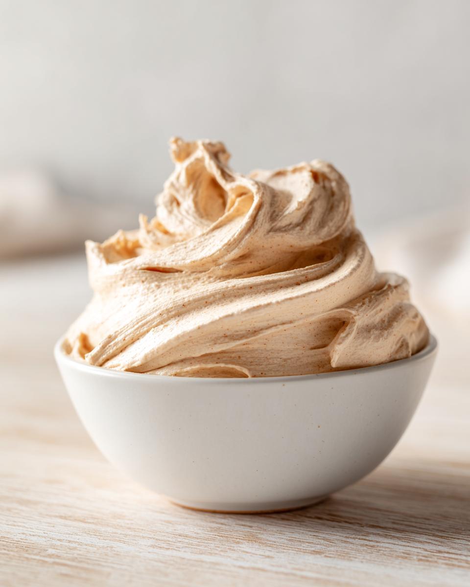 A swirl of fluffy, light brown cinnamon butter piped high in a small white bowl.