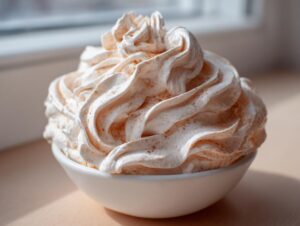 Close-up of fluffy, whipped cinnamon butter, dusted with spice, served in a small white bowl.