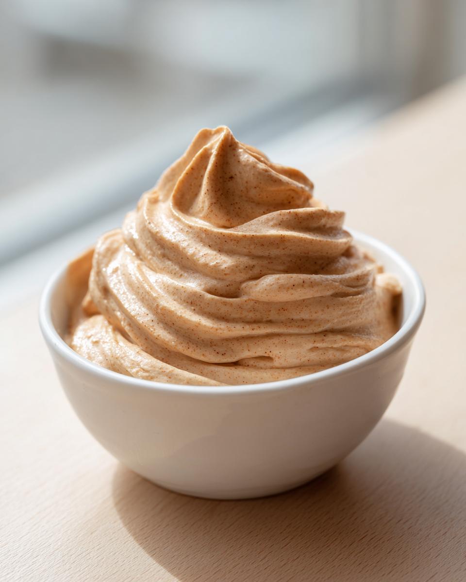 A swirl of fluffy, light brown cinnamon butter piped high in a small white bowl.