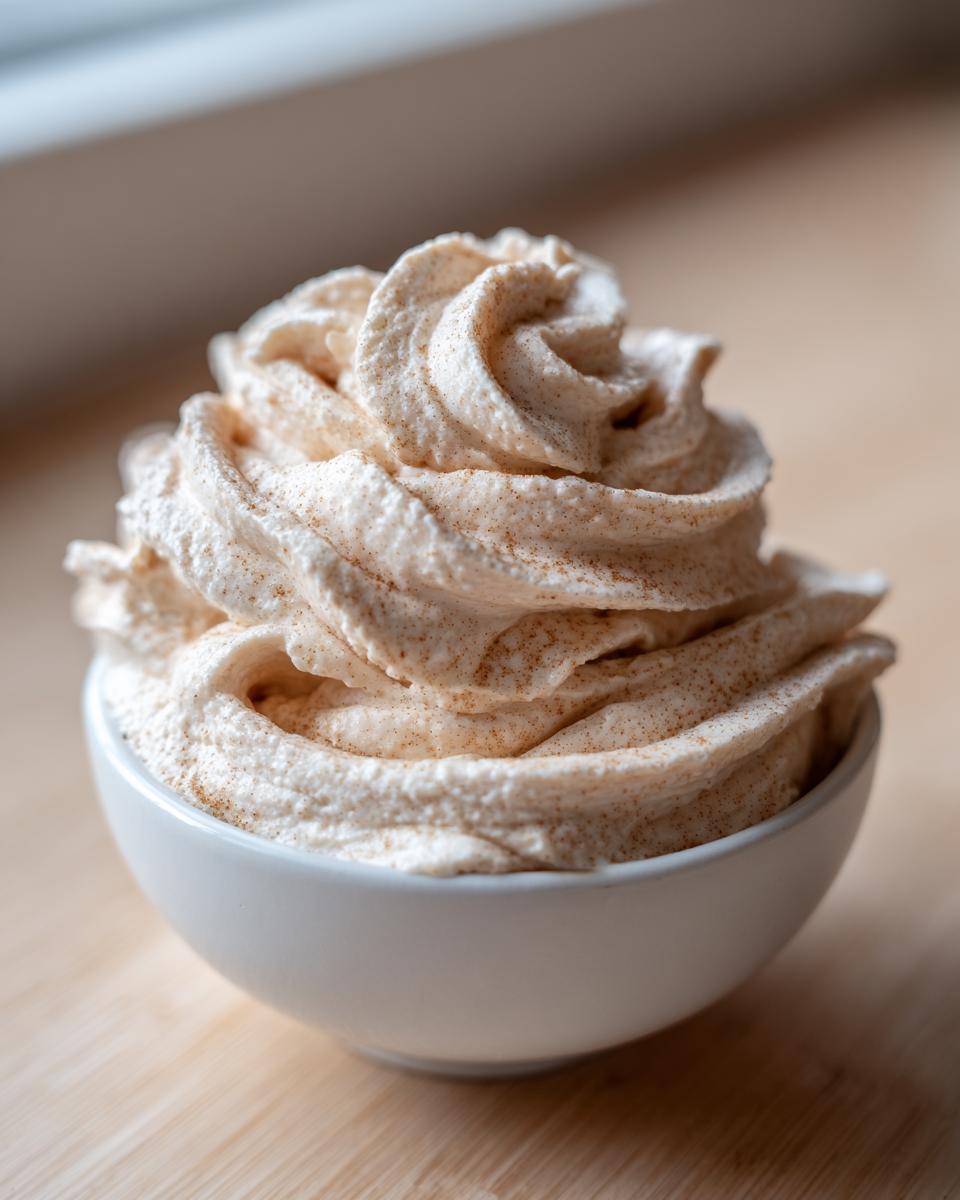 A generous swirl of fluffy, spiced cinnamon butter piped high in a small white bowl.