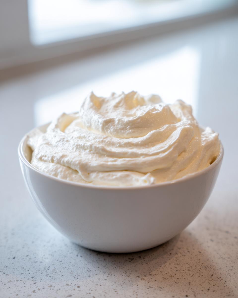 A white bowl filled with fluffy, perfectly swirled whipped cream, ready to be used as a fruit dip.