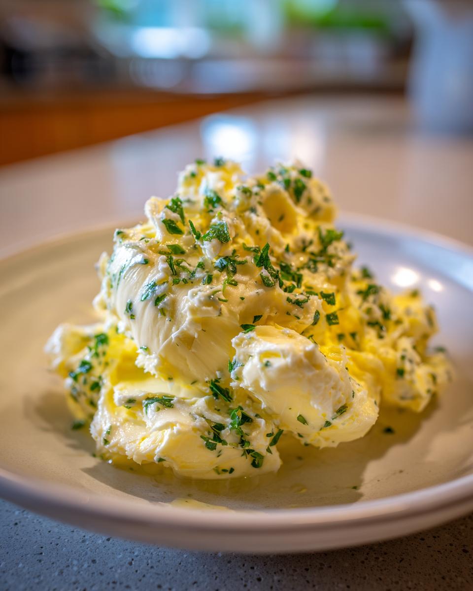 A mound of freshly whipped garlic butter, generously topped with chopped green herbs, served on a light-colored plate.