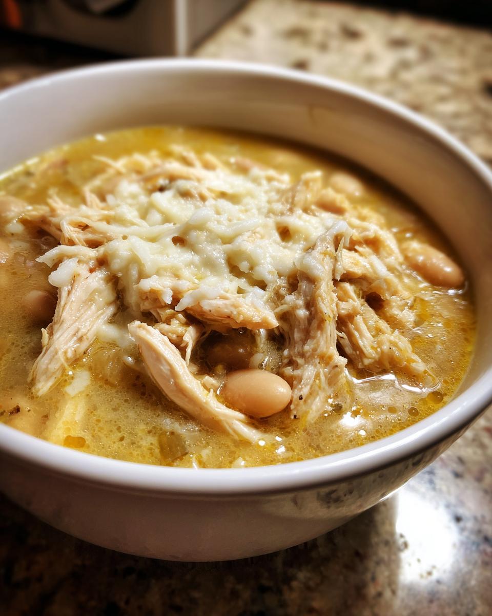A close-up bowl of white chicken chili topped with shredded chicken, white beans, and melted cheese.