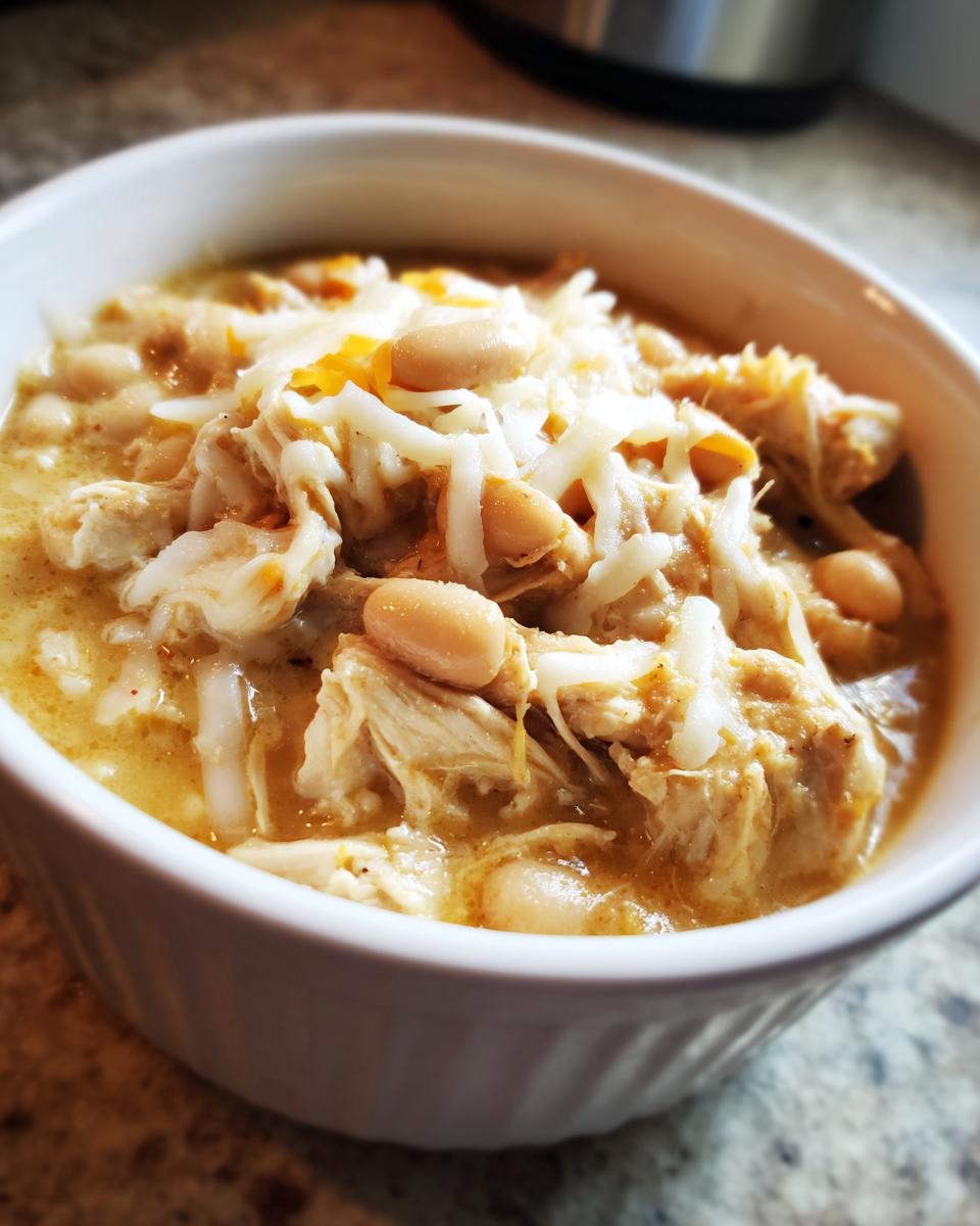 Close-up of a white bowl filled with creamy white chicken chili, topped with shredded cheese and white beans.