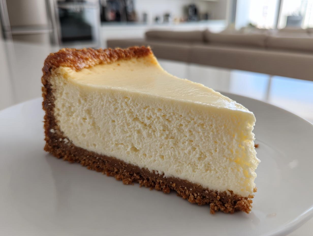 A thick, creamy slice of white chocolate cheesecake with a golden-brown graham cracker crust on a white plate.