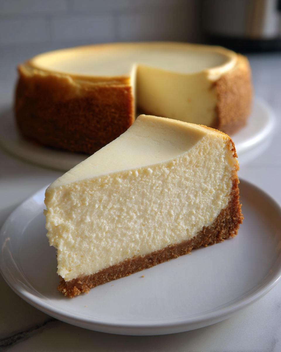 A perfect slice of creamy white chocolate cheesecake with a thick graham cracker crust on a white plate.