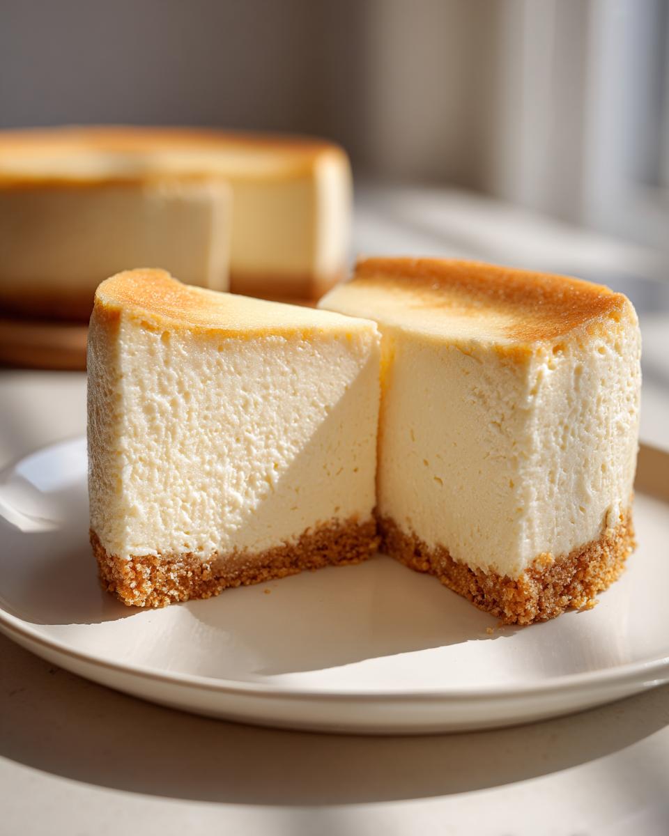 Two thick slices of creamy white chocolate cheesecake with a golden crust on a white plate.