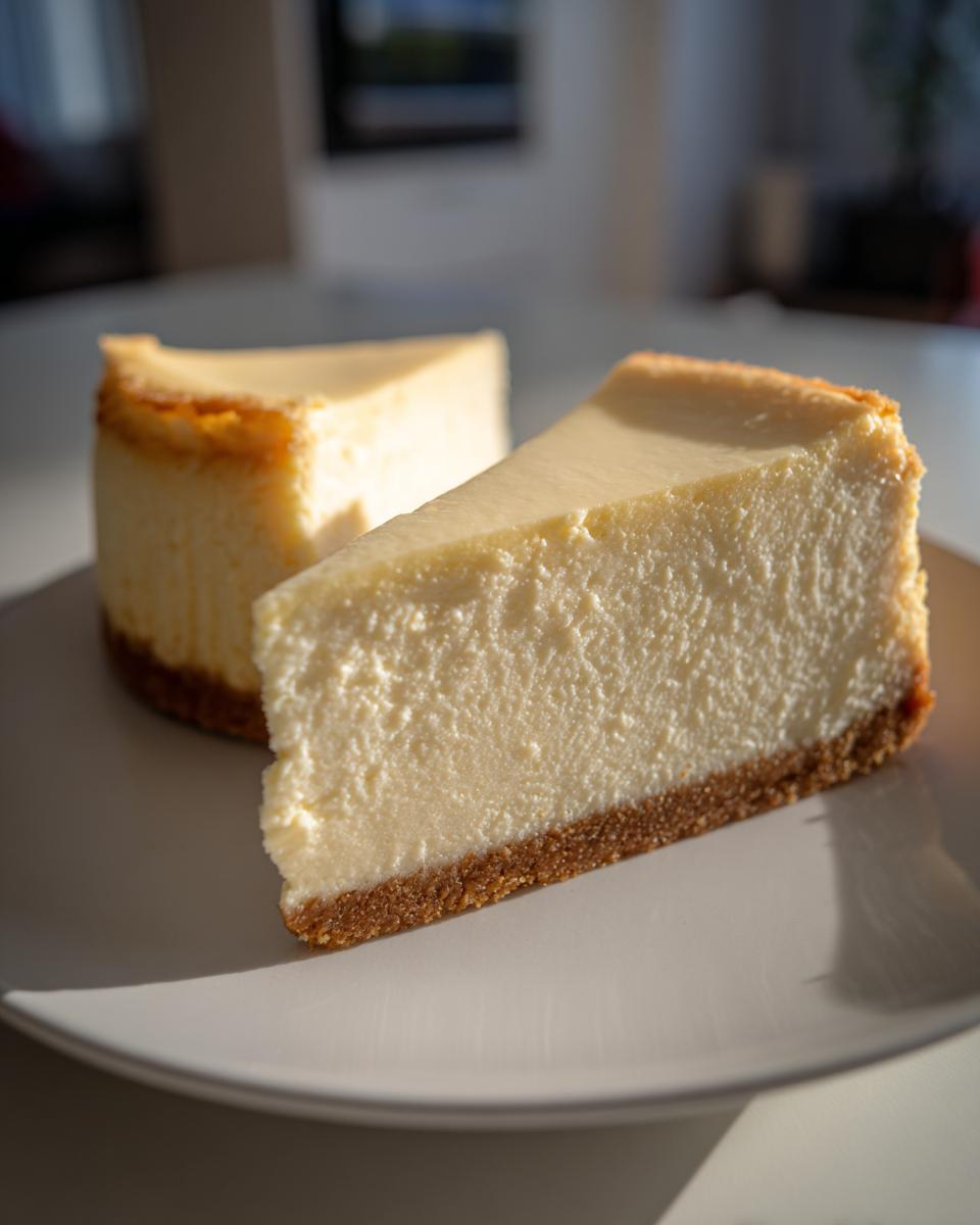 Two slices of rich, creamy white chocolate cheesecake with a thick graham cracker crust on a white plate.